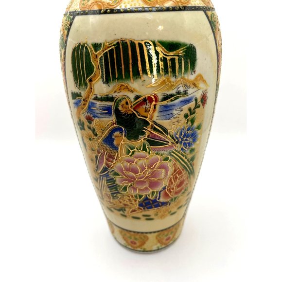 Satsuma Style Gold Hand painted Parrot and Florals Ceramic Vase - Picture 2 of 15